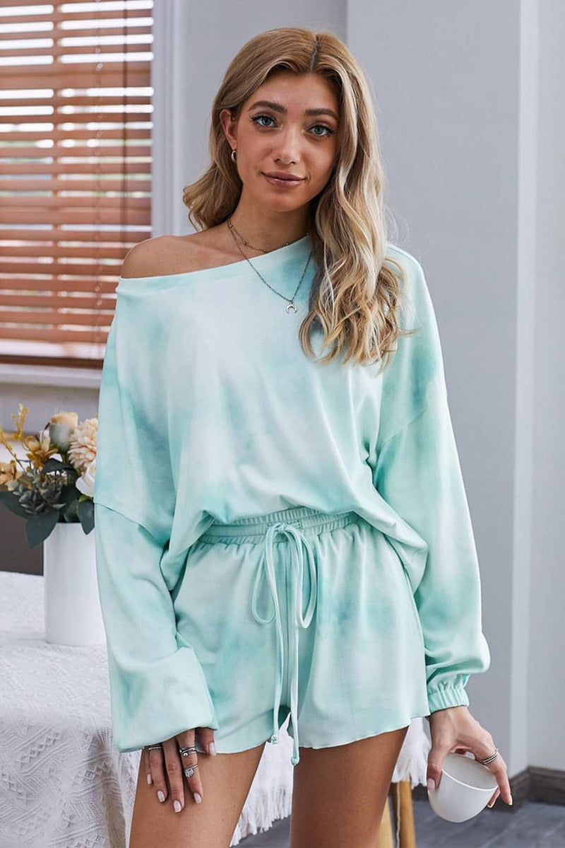 Sky Blue Tie-dye Long Sleeve Pajamas Loungewear Set