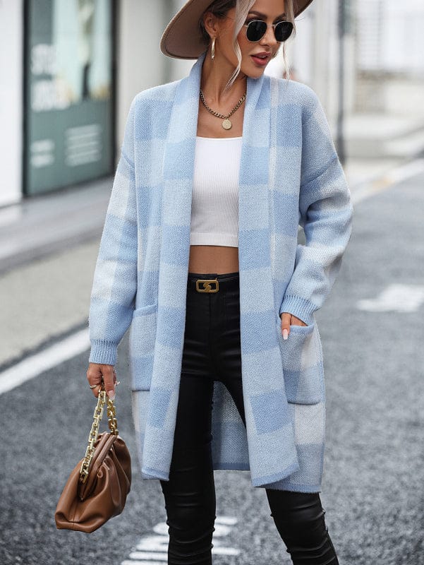 Women's Coat Loose Plaid Color Block Knit Cardigan Fashion Sweater
