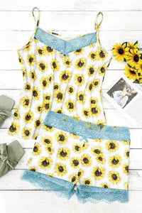 White Yellow Sunflower Lace Trim Camisole And Shorts Pajamas Set