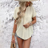 Women's solid color casual short-sleeved V-neck jacquard fabric shirt