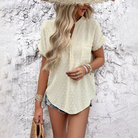 Women's solid color casual short-sleeved V-neck jacquard fabric shirt