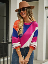 Women's striped stitching fashion crewneck sweater