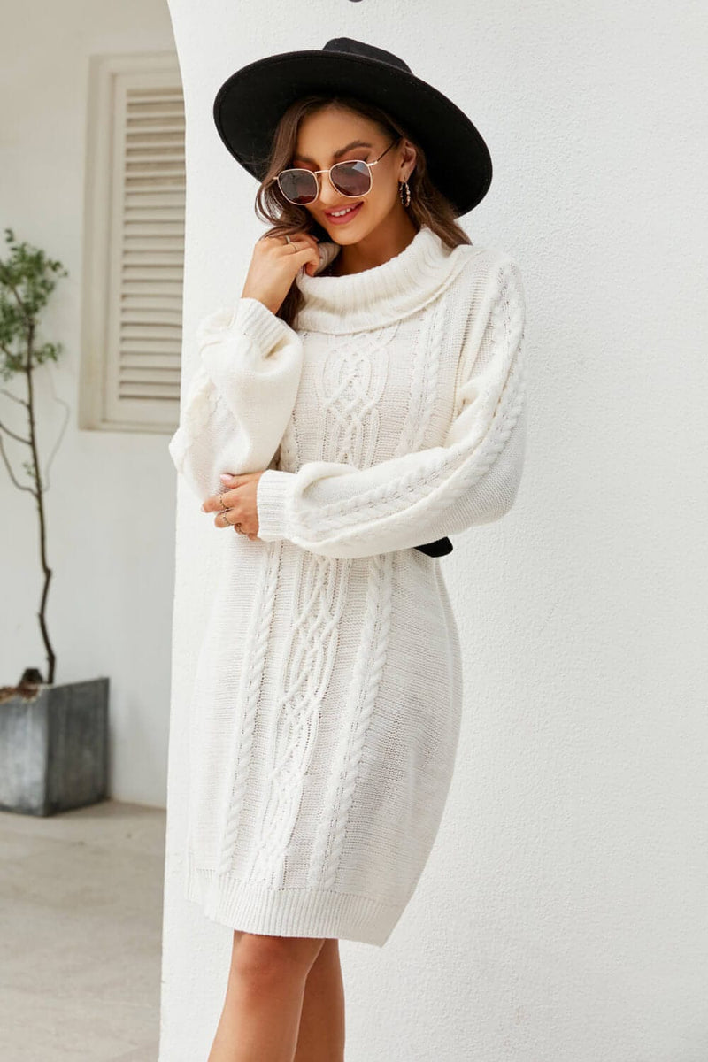 Mixed Knit Turtleneck Lantern Sleeve Sweater Dress