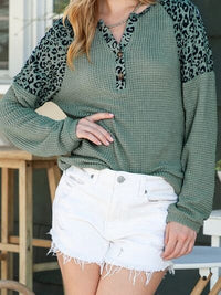 Leopard Notched Raglan Sleeve Knit Top