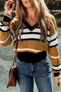 Striped V-Neck Dropped Shoulder Sweater