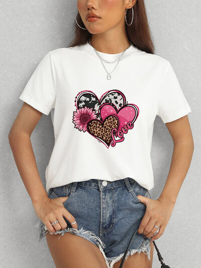 Heart Round Neck Short Sleeve T-Shirt