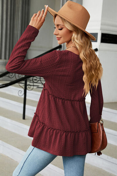 Frill V-Neck Long Sleeve T-Shirt