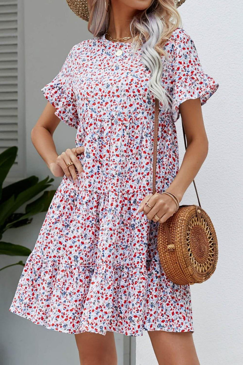 Ditsy Floral Flounce Sleeve Tiered Dress