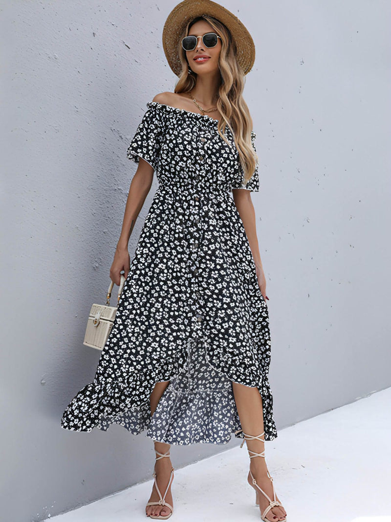 European and American short-sleeved floral skirt irregular one-shoulder dress