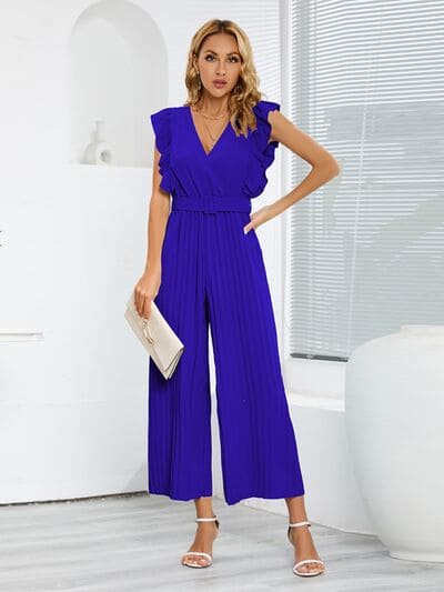 Ruffled Surplice Cap Sleeve Jumpsuit