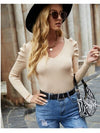 Ribbed V-Neck Puff Sleeve Sweater