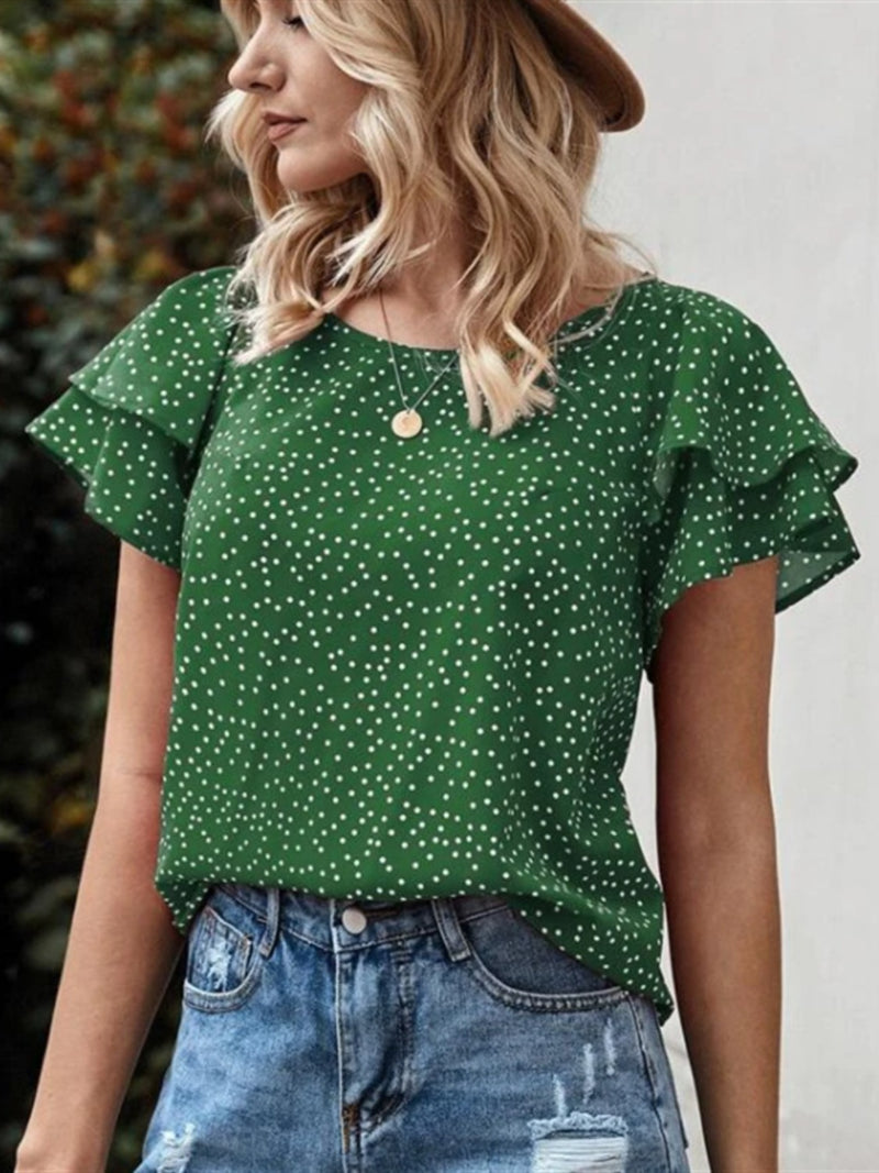 Ruffled Polka Dot Round Neck Short Sleeve Blouse