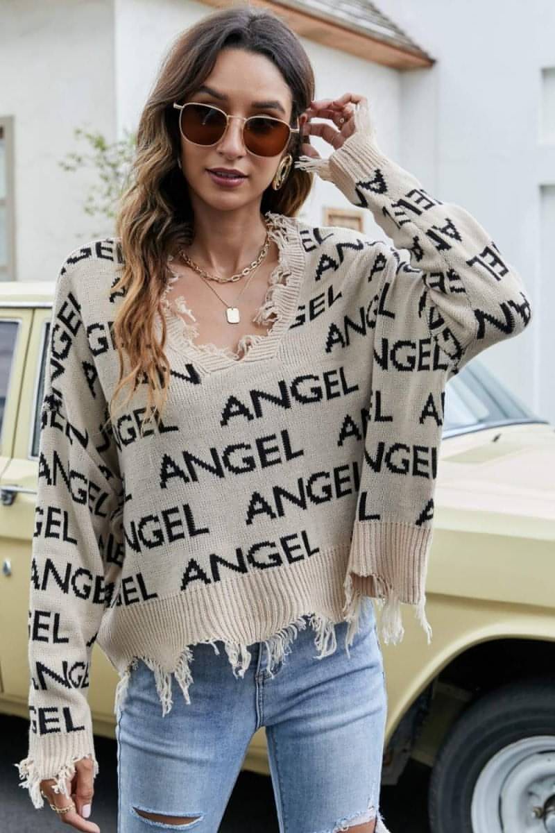 ANGEL Distressed V-Neck Dropped Shoulder Sweater - Everydayswear