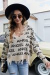 ANGEL Distressed V-Neck Dropped Shoulder Sweater - Everydayswear