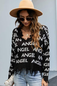 ANGEL Distressed V-Neck Dropped Shoulder Sweater - Everydayswear