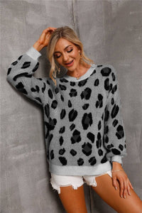 Animal Print Dropped Shoulder Knit Pullover - Everydayswear