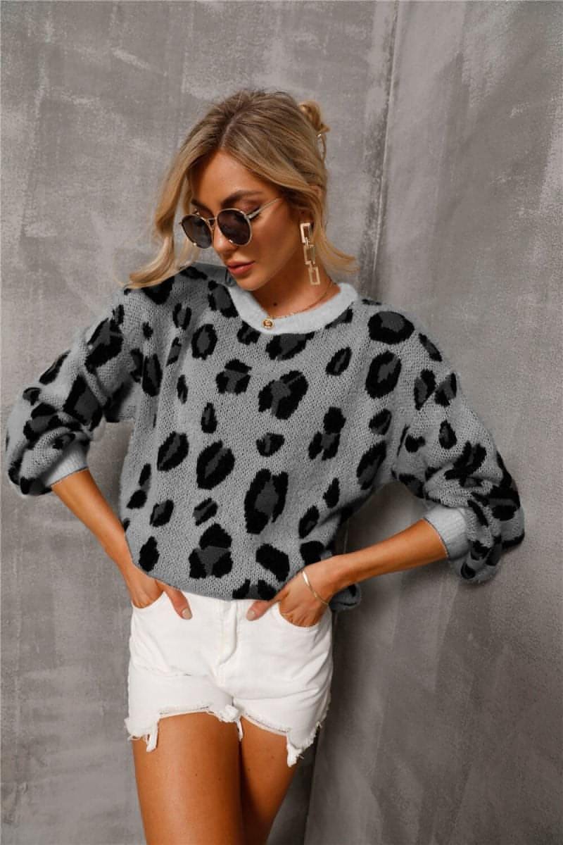 Animal Print Dropped Shoulder Knit Pullover - Everydayswear