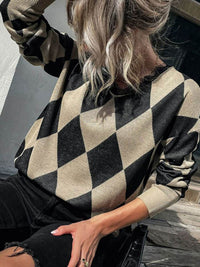 Argyle Eyelash Lace Trim Dropped Shoulder Sweater - Everydayswear