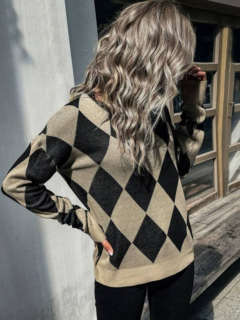 Argyle Eyelash Lace Trim Dropped Shoulder Sweater - Everydayswear