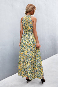 Printed Sleeveless Tie Waist Maxi Dress