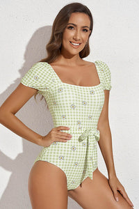 Square Neck Tie Detail One-Piece Swimsuit