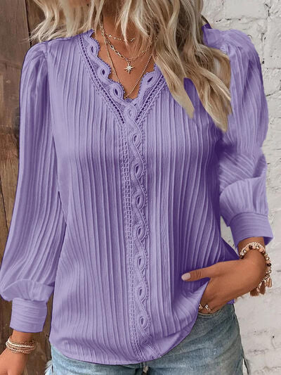 Textured V-Neck Long Sleeve Blouse