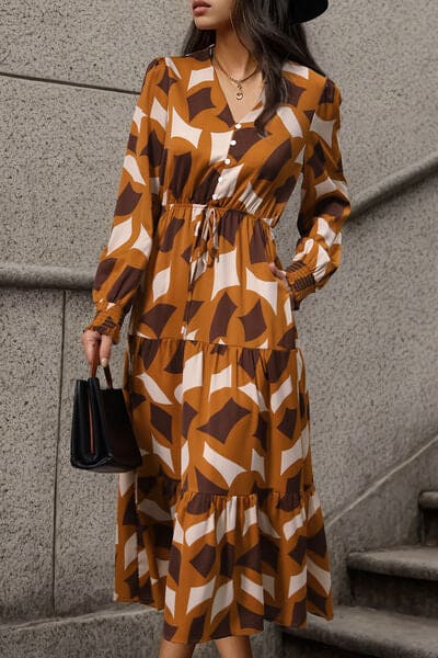 Printed Tied Pocketed Lantern Sleeve Dress