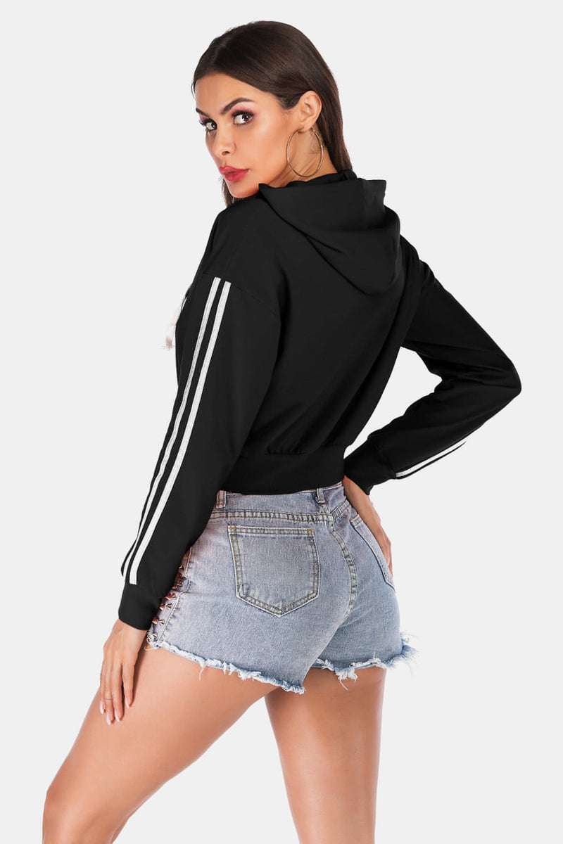 Side Stripe Drawstring Cropped Hooded Jacket