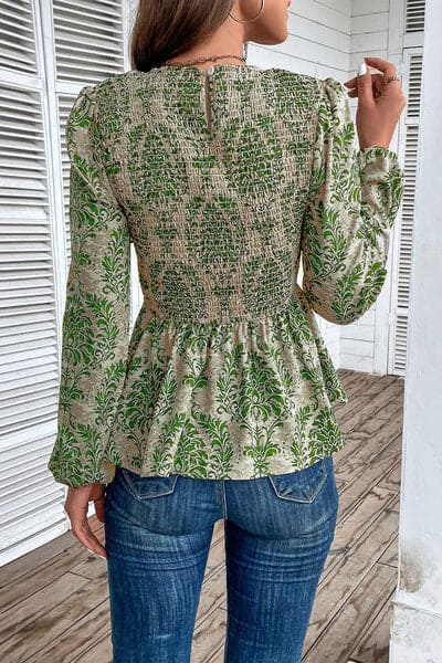 Smocked Printed Balloon Sleeve Blouse