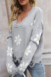 Flower Distressed Ribbed Trim Sweater