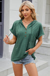 Half Button Drawstring Short Sleeve Hooded T-Shirt