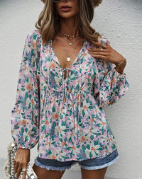 New style casual holiday style floral long-sleeved tie shirt top