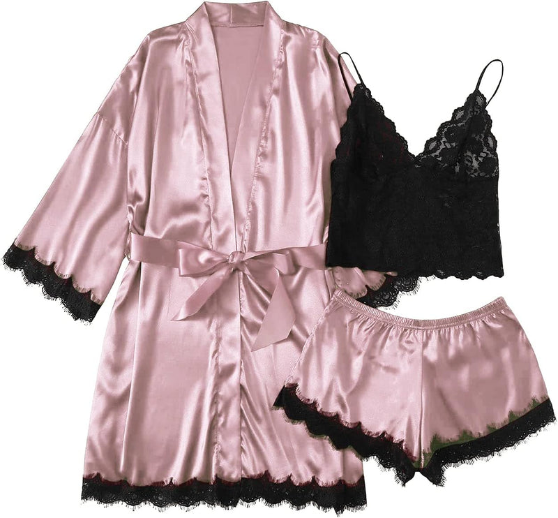 Women'S Lace Cami Top and Shorts Satin Silk Lingerie Set with Robe Pajamas Sleepwear