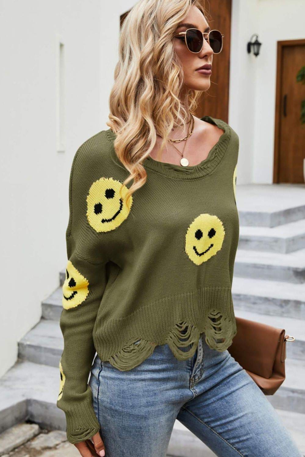 Smiley Face Distressed Round Neck Sweater
