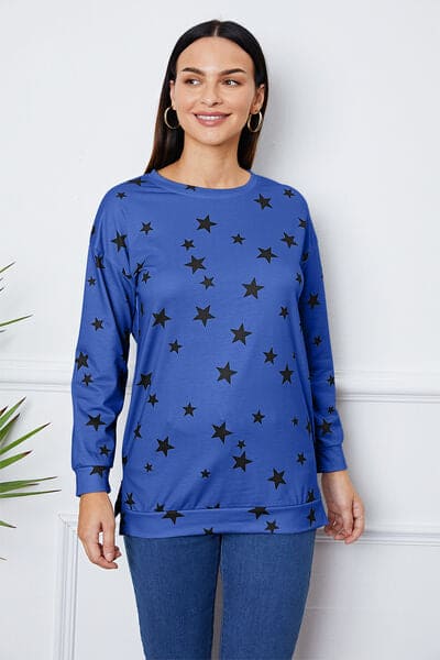 Star Print Round Neck Dropped Shoulder Sweatshirt