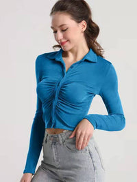 Ruched Button Up Long Sleeve T-Shirt