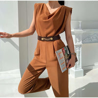 Belt Pleated Jumpsuits Women 2022 Summer Solid Sleeveless Bodysuits - Everydayswear