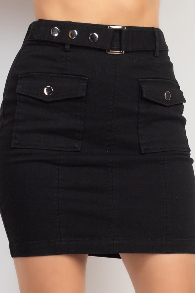 Belted Pocket Solid Mini Skirt - Everydayswear