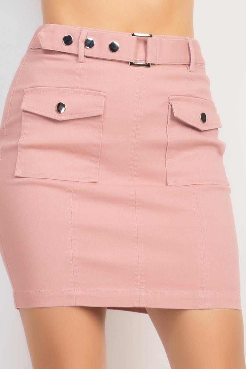 Belted Pocket Solid Mini Skirt - Everydayswear