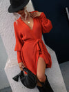 Belted Surplice Lantern Sleeve Wrap Sweater Dress - Everydayswear