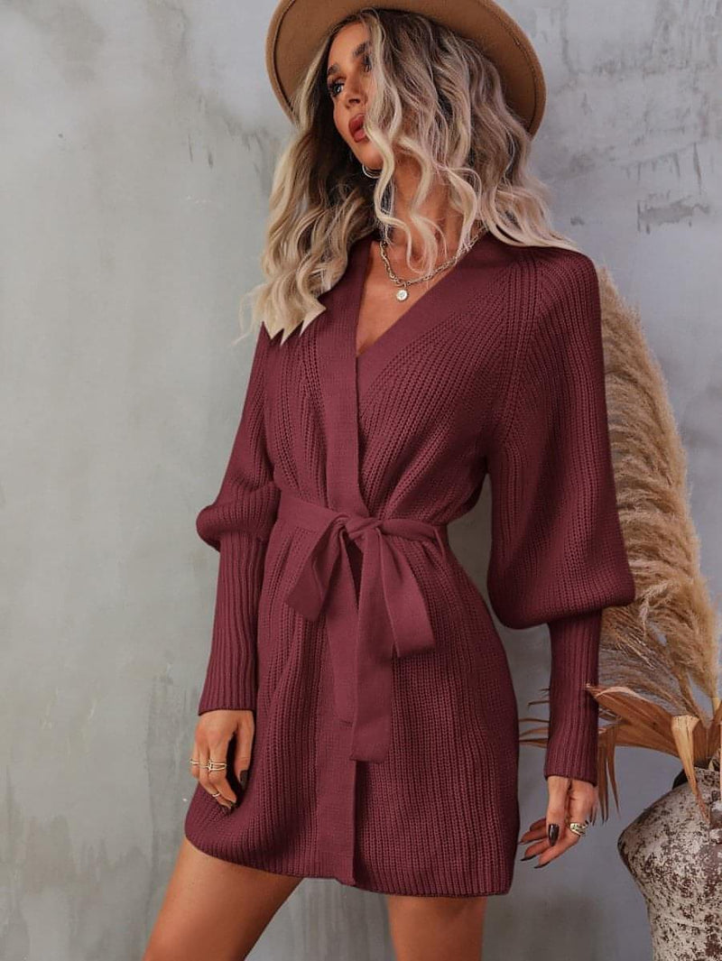 Belted Surplice Lantern Sleeve Wrap Sweater Dress - Everydayswear