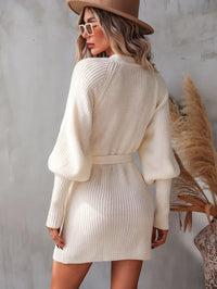 Belted Surplice Lantern Sleeve Wrap Sweater Dress - Everydayswear