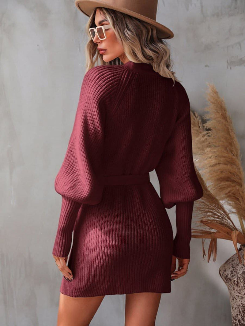 Belted Surplice Lantern Sleeve Wrap Sweater Dress - Everydayswear