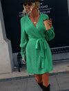 Belted Surplice Lantern Sleeve Wrap Sweater Dress - Everydayswear