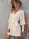 Belted Surplice Lantern Sleeve Wrap Sweater Dress - Everydayswear