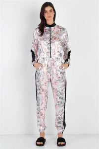 Black Contrast Satin Effect Multi Color Print Zip-up Jacket & Pants Set - Everydayswear