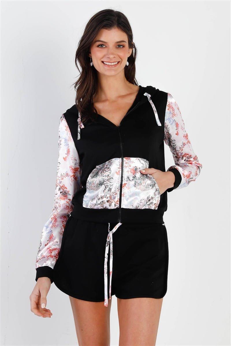 Black & Multi Color Print Colorblock Zip-up Hooded Top & Short Set - Everydayswear