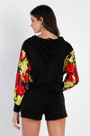 Black & Satin Effect Red & Lime Floral Print Hooded Top & Short Set - Everydayswear