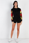 Black & Satin Effect Red & Lime Floral Print Hooded Top & Short Set - Everydayswear