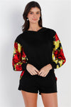 Black & Satin Effect Red & Lime Floral Print Hooded Top & Short Set - Everydayswear